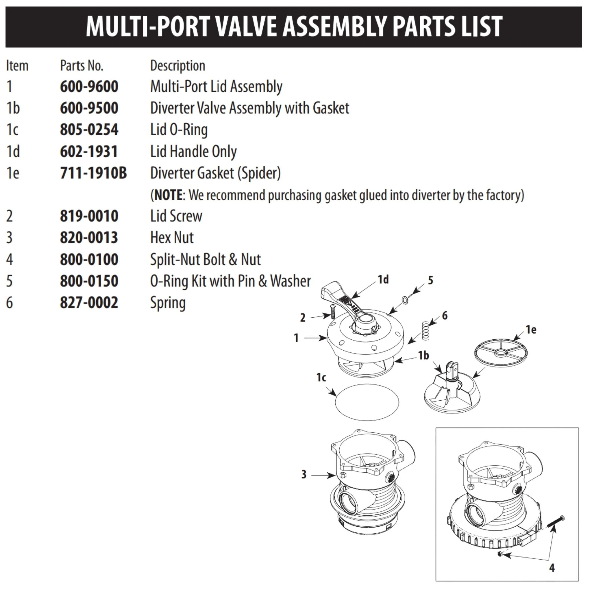 Waterway WVS003 Complete Valve Assembly Model WVS003 Top-Mount, Split Nut Style