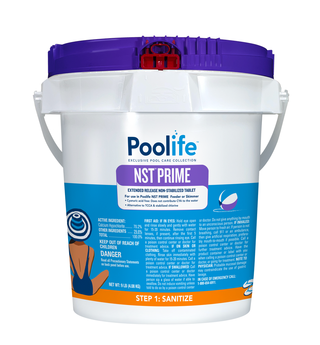 Poolife NST Prime 9 lb. non-stabilized chlorine tablets bucket containing extended release sanitizer for swimming pools