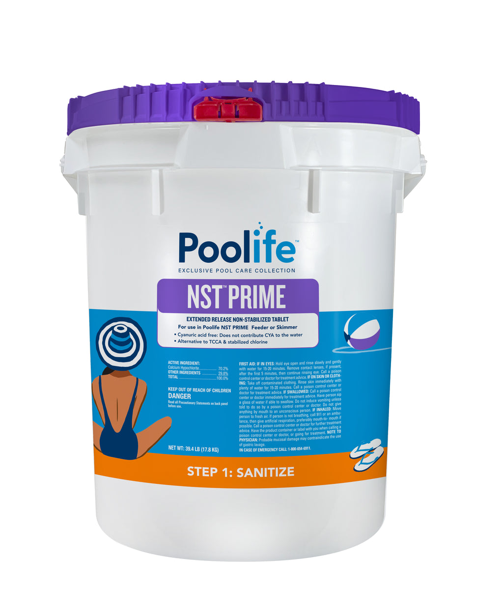 Poolife NST Prime 39.4 lb. non-stabilized chlorine tablets bucket containing slow-dissolving extended release sanitizer for swimming pools