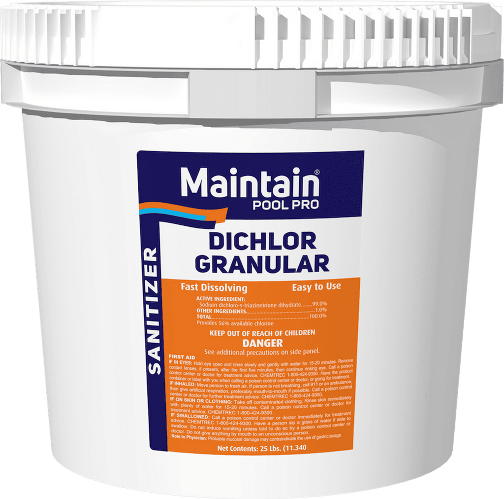 Maintain Pool Pro 25 lb. di-chlor granular chlorine bucket for sanitizing and shocking swimming pools