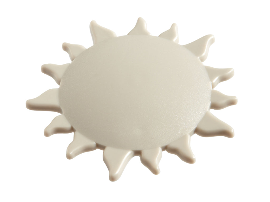 Sunburst style decorative snap-in cover for in-ground safety pool cover anchors by HPI Deck Creations