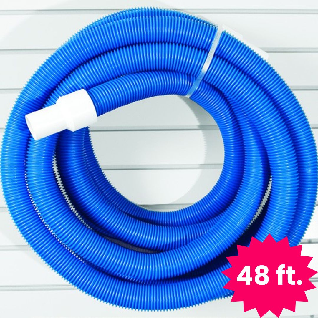 Blue Torrent universal 1.5-inch diameter by 48-foot length swimming pool vacuum hose with a white swivel cuff, coiled against a white slatted wall