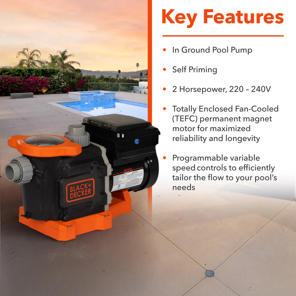 BLACK + DECKER 2 HP Variable Speed InGround Pool Pump - Energy Star Certified In-Ground Pump, 220V/240V