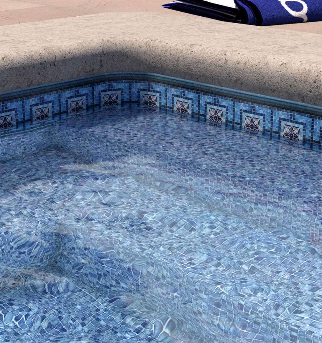 Vintage with Blue Mosaic pool liner installed on steps