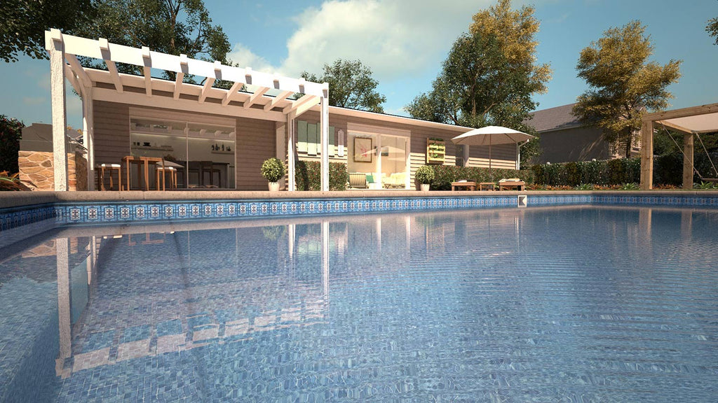 Vintage with Blue Mosaic pool liner installed with a backyard pergola