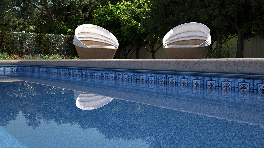 Vintage with Blue Mosaic pool liner installed in a backyard pool