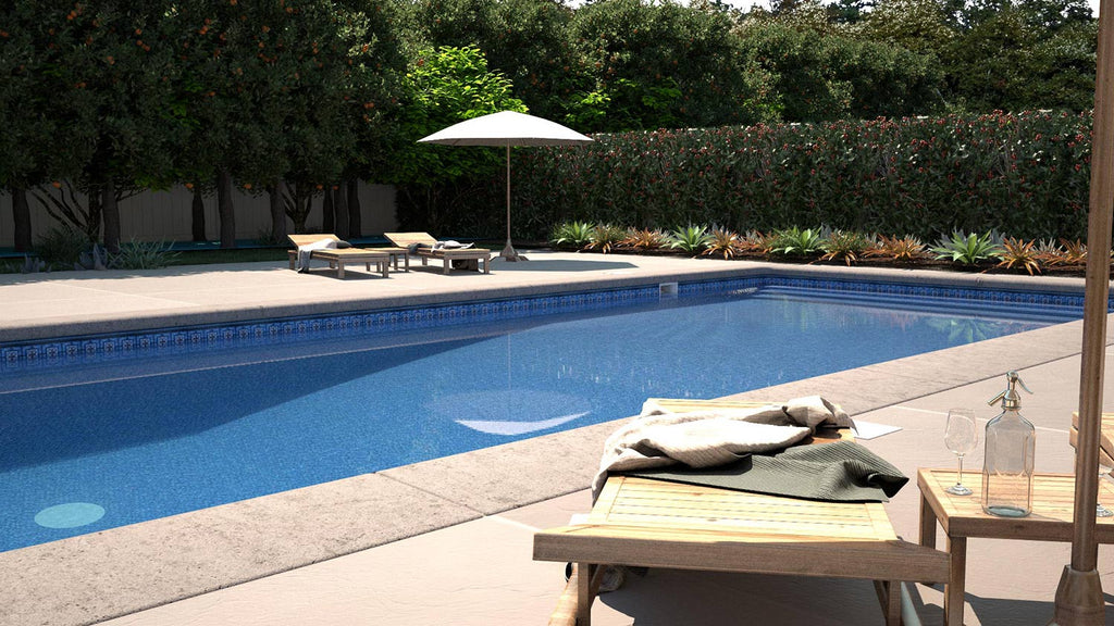 Vintage with Blue Mosaic pool liner installed with patio furniture