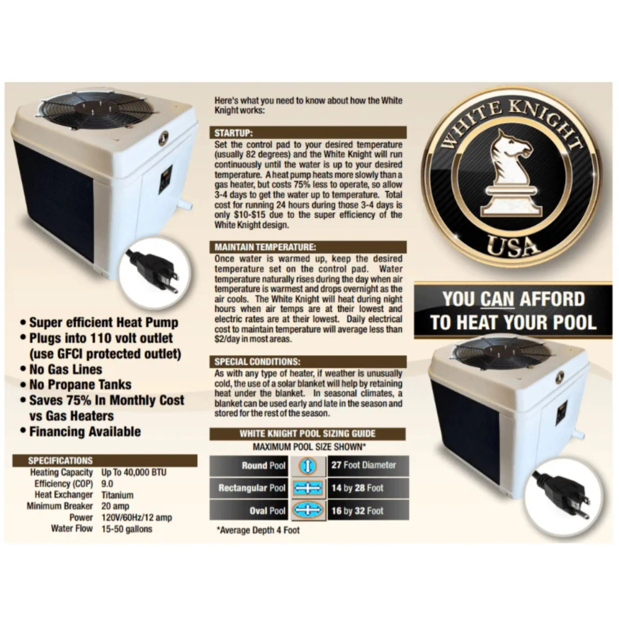White Knight Plug-In 110volt Electric Heat Pump for Swimming Pools